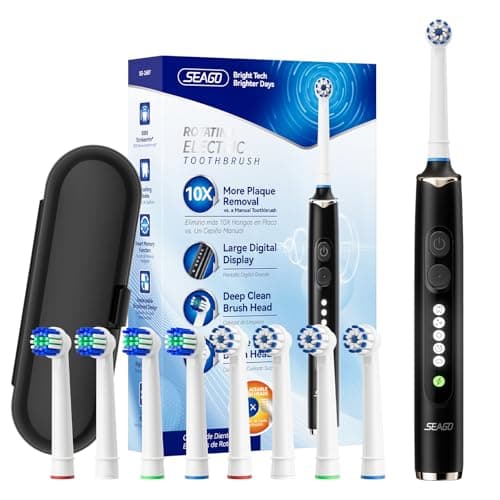 Seago Rotating Electric Toothbrush for Adults with Travel Case, 8 Brush Heads, 5 Modes with Whitening, USB-C Rechargeable with Timer, 30-Day Battery (Black)