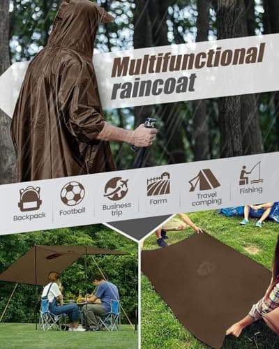 Evolpor Waterproof Poncho Adult,Poncho Waterproof Adult Lightweight Reusable Rain Poncho Adult Waterproof,Waterproof Raincoat for Outdoor Camping Hiking Traveling Cycling (Brown) — view 3