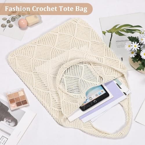 Etercycle Crochet Tote Bag, Mesh Beach Bag for Women Knit Summer Hobo Bag Vacation Boho Tote Bag (Beige) — view 6
