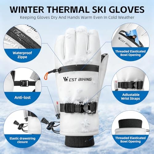 CYCLESPEED Ski Gloves for Men Women Waterproof Thermal Winter Glove Adult Unisex Snow Gloves for Skiing Snowboarding, Snowmobiling, Winter Hiking Outdoor Walking (White, L) — view 4