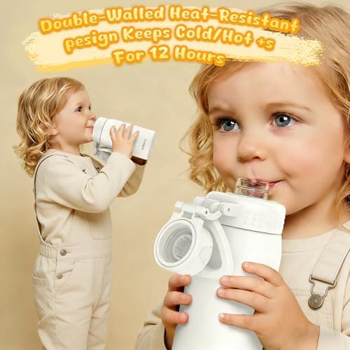 GOPPUS 420ml/15oz Kids Insulated Water Bottle with Screw Lid (No Straw) Stainless Steel Toddler Bottle School Flask Girls Boys Drinks Cup with Handle & Leakproof & Keep Drinks Cold (Beige) — view 6
