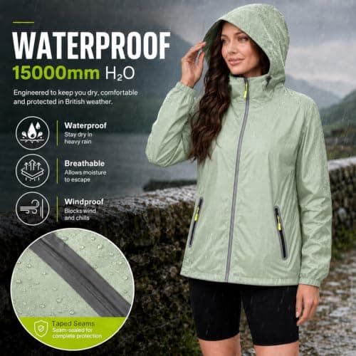 NWDEY Waterproof Jackets Women with Reflective Strips, Lightweight 300g Packable Raincoat for Ladies, Breathable Hooded Windbreaker Jacket for Hiking (UK, Alpha, L, Regular, Regular, Sky Blue) — view 3