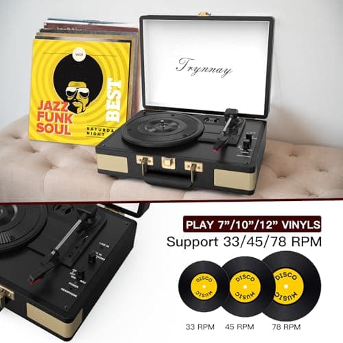 Trynnay Record Player 3 Speed Bluetooth Portable Suitcase Vinyl Player with Built-in Speakers Turntable Enhanced Audio Sound Waxed Leather Vintage Black — view 2