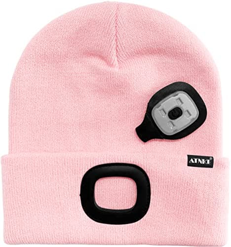 ATNKE Kids LED Lighted Beanie Cap, USB Rechargeable 4 LED Headlamp Waterproof Winter Warmer Knit Night Hats with Light for Boys Girls/Light Pink — view 3