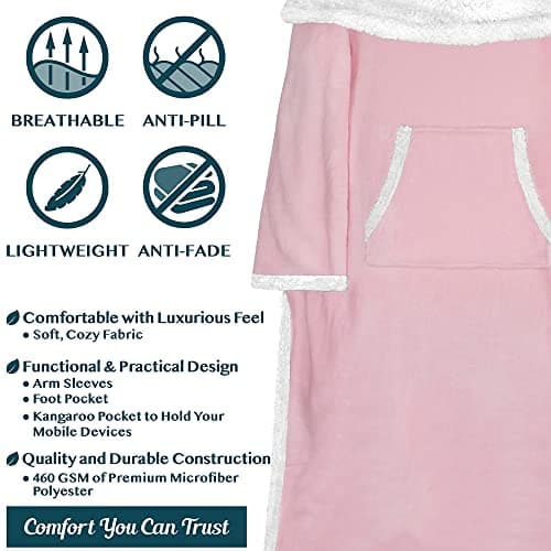 PAVILIA Fleece Blanket with Sleeves, Foot Pockets for Women Men Adults, Plush Wearable Blanket Throw Wrap, Warm Snuggle Blanket Robe, Cozy Gift Ideas Wife Mom, Light Pink — view 4