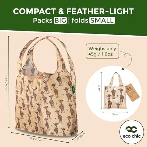 ECO CHIC Lightweight Foldable Reusable Shopping Bag Water Resistant Tote Bag (Giraffes Beige) — view 4