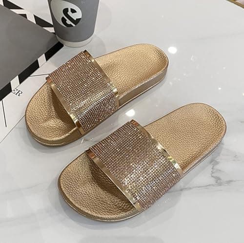 Diamond Sliders Women Sequin Sliders Women Sparkly Slip On Slides Ladies Diamante Slides Summer Glitter Slippers Comfortable Party Sandals With Backless Open Mule Slider Flat Beach Slippers — view 2