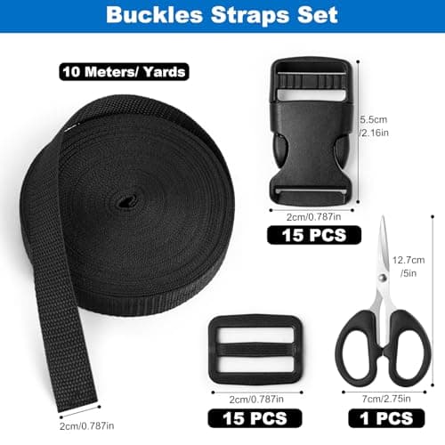 Amentalove 10 Meters Nylon Webbing Strap 32mm, Backpack Chest Strap with 15 Tri-Glide Slides Clip,15 Flat Side Release Buckles and 1 Scissor, Heavy Webbing Strap for DIY Bags Backpack Cargo Strapping — view 3
