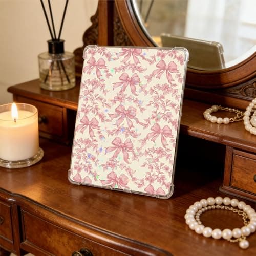 VelvetGlow 12PCS Inserts Cardstock for E-Reader Clear Case with 50PCS Scrapbook Stickers for Insert, 6.9"x4.8" Pink Bow Theme Back Cover Accessories for Paper White 11th-12th, Gifts for Booklovers — view 6