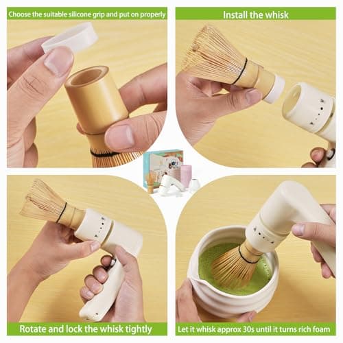 ZENRC Handheld Battery Powdered Bamboo Matcha Whisk Mate Automated Ceremony Chasen - Electric Mocha Stirer - Nice Portable Matcha Set Gift Kit (Battery not included, Beige, set 3) — view 2