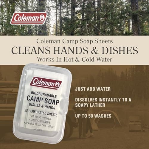 Coleman Camp Soap Sheets – 25 Travel Soap Sheets for Camping, Hiking & Backpacking – Perforated for 50 Washes, Dissolves Instantly in Hot or Cold Water, TSA-Approved for Travel — view 3