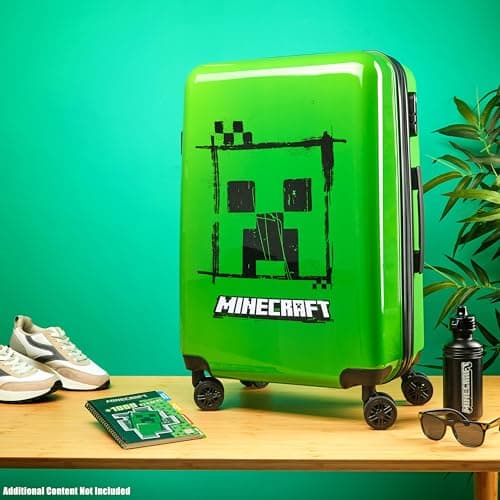 Minecraft Suitcase Kids Teens Creeper Hard Shell Luggage Travel Case 4 Wheels Handle Travel Essentials Holiday School Trips (Green, M/L66.5cm x W45.5-46L) — view 5