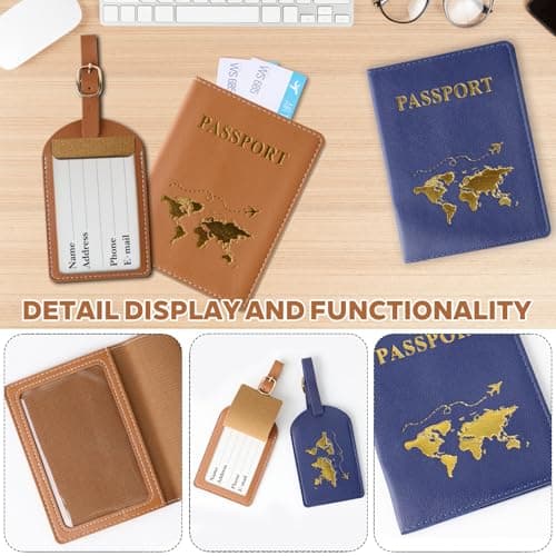 ZDNT 4 Pcs Passport Cover and Luggage Tag,Passport Holder,Passport Cover Luggage Tag Set,PU Leather Passport Holder Travel Wallet Case Organiser for Passport Credit Card Business (Brown, Blue) — view 3
