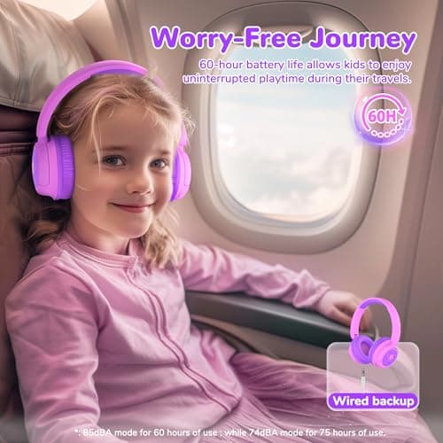 iClever BTH22 Kids Headphones Wireless, 60H Play Time, USB C Fast Charging, Bluetooth 5.4, AUX Cord,Safe Volume 74/85 dBA,Toddler Headphones for iPad/Tablet/Travel/School, Black & Magenta — view 2