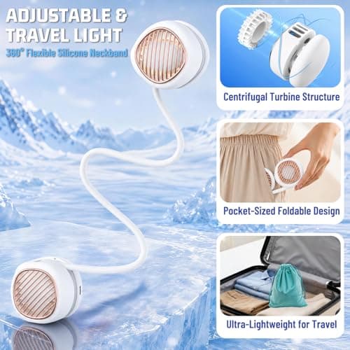 Portable Neck Fan Rechargeable, Hands Free Bladeless with Adjustable 360° Flexible Silicone | 5 Speeds, Ultra-Quiet 40db Lightweight Foldable Wearable Cooling Fan for Home Office Travel Gym (White) — view 3