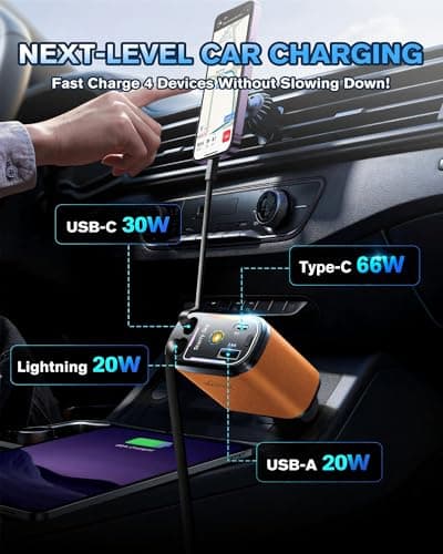 WHATOOK Retractable Car Charger Adapter: 4 in 1 Cigarette Lighter with Starry Sky LED,66W Fast USB C Mobile Phone Automobile Charger, Ford Fiesta Car Accessories Gadgets Gifts for Men Women Christmas — view 5