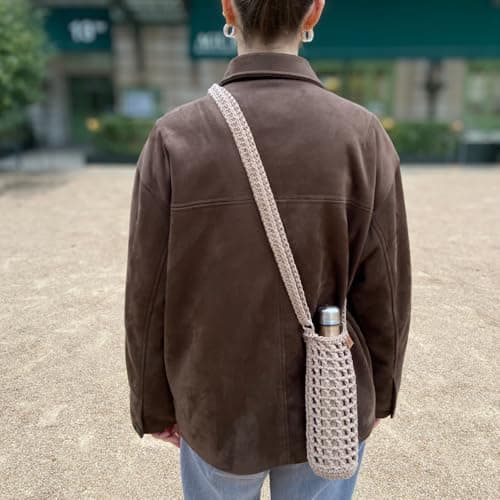 Handmade Recycled Cotton Crocheted Mesh Water Bottle Holder - Adjustable Shoulder Strap - Compatible with Bottles ≤1L | Lifestyle, Hiking, Festival & Travel — view 6