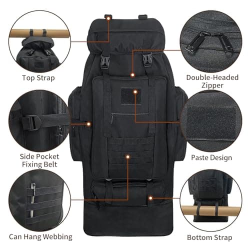 Vaupan 70L/100L Hiking Backpack with USB Charging Port, Expandable Large Military Tactical Backpack, Waterproof MOLLE Rucksack Travel Backpacking Pack for Camping Climbing (Black) — view 3