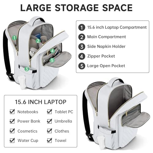 WELIDAY Laptop Travel Work Backpack for Women College Laptop Backpack, White, 17.3in, Quilted Casual Daypack — view 4