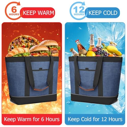 Insulated Cooler Bag Leakproof Thermal Insulation Collapsible Soft Sided Cooler Tote with Zippered, Reusable Freezer Bag for Grocery Shopping, Food Delivery, Picnic, Travel, Dark Blue — view 2