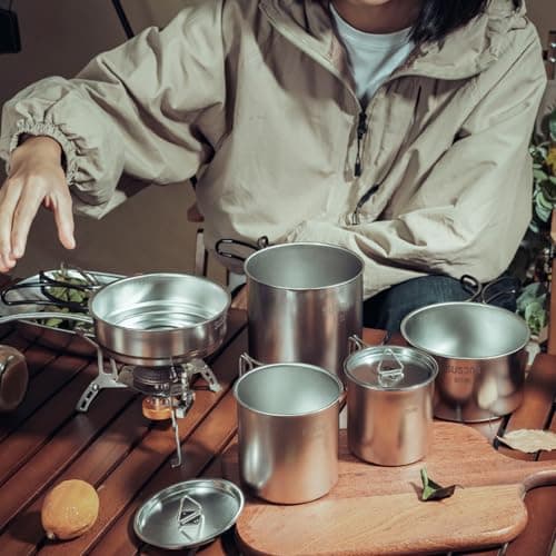 Aomiun 5 PCS Stainless Steel Camping Cookware Set, Camping Pot Pan Cup with Foldable Handles for Backpacking Camping Hiking — view 2