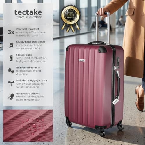 tectake® 3-Piece Hard Shell Suitcase Set in Durable & Shock-Resistant ABS with 3-Step, Telescopic Handles, Combination Locks, Smooth 360° Wheels, Luggage Scale & Tags, Dividable Interiors - Burgundy — view 2