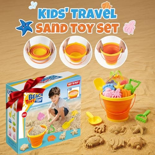Beach Sand Toys Set for Toddlers, Portable Travel Beach Toys with Collapsible Bucket, Shovel, Rake, Molds & Mesh Storage Bag for Kids, Summer Gift (Sunset Orange) — view 4