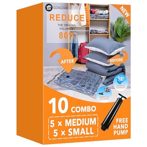 Vacuum Storage Bags (5 x Medium, 5 x Small), Space Saver Sealer Compression Bags with Travel Hand Pump for Blankets, Comforters, Pillows, Clothes Storage