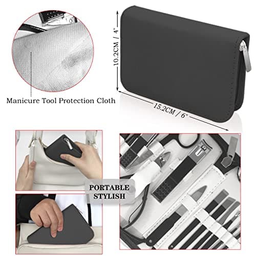 Manicure Set Nail Clippers Kit For Women&men 18 in 1 Professional Stainless Steel Pedicure Care Tools Kit Nail Cutter Set Scissors Grooming Kit With Black Leather Travel Zip Case(Black White) — view 5