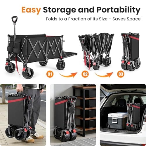 370L Festival Trolley on Wheels, Heavy Duty Folding Wagon, Portable Camping Cart Load up 550LB, Camping Trolley Foldable for Beach Outdoor Garden Shopping Fishing, Rear-Opening Design, Pure Black — view 5