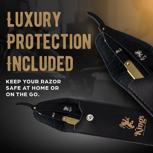 Cut Throat Razor for Men by The Kings Cutthroat® - Men’s Cutthroat Shaving Black & Gold Steel – Leather Travel Pouch & Velvet Kit Bag Included – Essential Male Grooming Accessory for Beards NO Blades — view 6