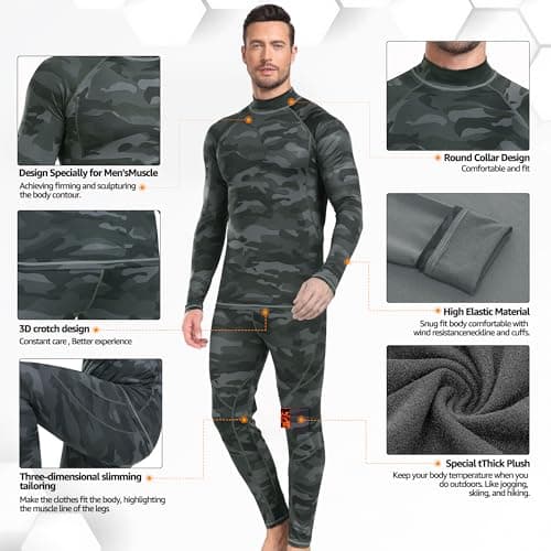 UNIQUEBELLA Mens Thermal Underwear Set Long Sleeve Turtleneck Tops Long Johns Thermal Base Layer Bottom Fleece Lined Quick Drying — view 4