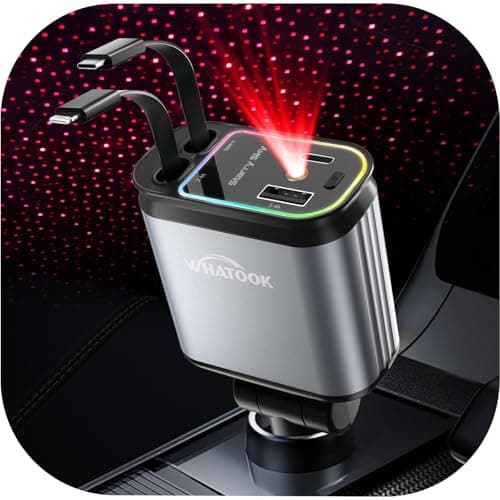 WHATOOK Retractable Car Charger Adapter: 4 in 1 Cigarette Lighter with Starry Sky LED,66W Fast USB C Mobile Phone Automobile Charger, Ford Fiesta Car Accessories Gadgets Gifts for Men Women Christmas