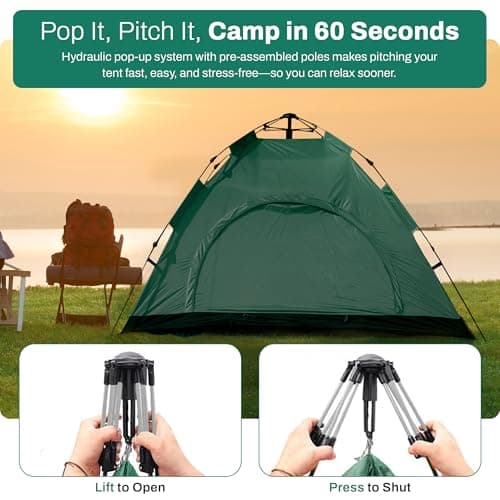 Qisan Hydraulic Dome Tent Automatic Camping Tents 3-4 Person Canopy Easy to Set up and Package for Outdoor Garden Backpacking Hiking (Green) — view 6