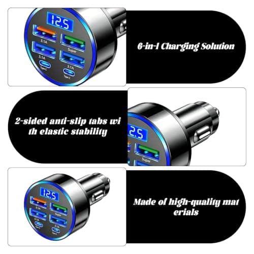 Car Charger Adapter, Super Fast Car Charger with Digital Display, 6-in-1 Car USB Charger for Multiple Devices, 12V Car USB Adapter for Family Road Trips and Business Commuters — view 3