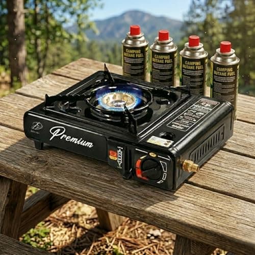 Butane Gas Stove + 4 Butane Cans Portable Cooker in Carry Case 2 4 8 12 Gas Bottles Camping BBQ Kit Camping Stove with Automatic Ignition & Heat Control (Black stove with butane gas)