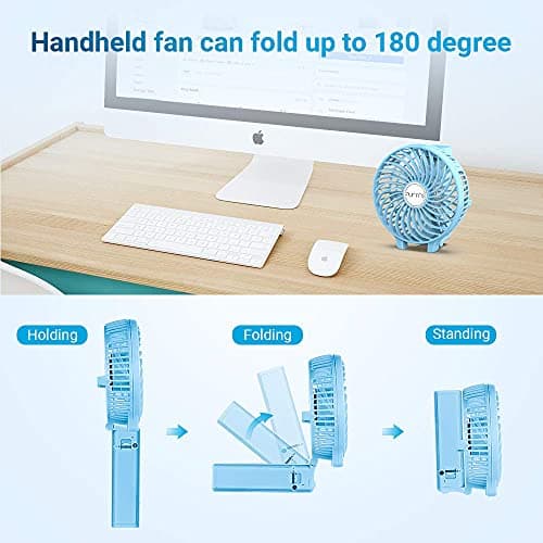 Funme Mini Handheld Fan USB Electric Portable Fan Outdoor Rechargeable Personal Fan Battery Powered 180° 3 Speeds Foldable Desk Fan Cooling for Desktop School Office Home Travel Camping - Blue — view 4