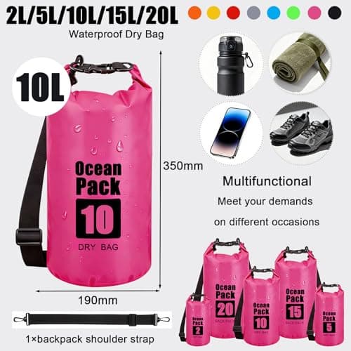 RONGZUBAT 10L Waterproof Dry Bag with Shoulder Strap, Roll Top Dry Sack for Towels and Clothes, Waterproof Bag for Kayaking, Paddle Boarding, Boating, Beach, Camping and Travel - Hot Pink — view 2