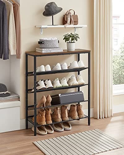 VASAGLE 5-Layer Shoe Rack, High Shoe Storage with 4 Mesh Shelves and Large Top for Bags, Space Saving for Entrance, Hallway, Steel, Industry, Rustic Brown and Black LBS038B01 — view 4
