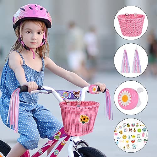 Flintronic Kids Bike Basket Handwoven Cycle Basket for Kids, Bicycle Basket For Girls Boys Childs, with Bike Accessories - Pink — view 6
