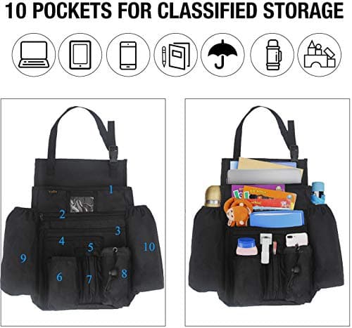 ECWKVN Car Front Seat Organiser -Car File Patrol Bag,Heavy Duty Passenger Tidy Backseat Organiser-Vehicle Storage Bag with 10 Multi Pockets for Laptops Tablet Cup Holder,Black — view 3