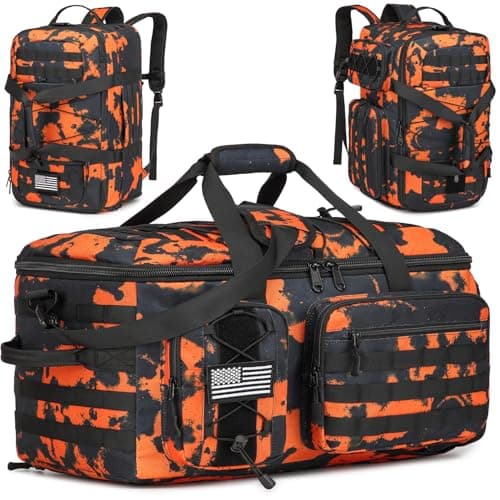 50L Gym Bags for Men, 3 in 1 Travel Duffle Bag with Shoe Compartment, Tactical Military Backpack for Overnight Weekender Gym Traveling Workout Deployment, Orange Graffiti, 50L, 3 in 1 Tactical Duffle