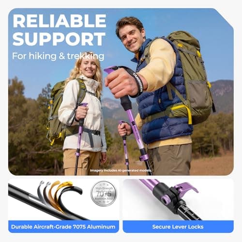TANSTRIDER Trekking Poles for Hiking - Collapsible Lightweight 7075 Aluminum Hiking Sticks, 110-135 cm Adjustable Tri-Fold Walking Poles with Anti-Slip EVA Grip for Men and Women (Purple) — view 2