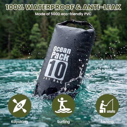 URAQT Waterproof Dry Bag, 10L Durable PVC Roll Top Dry Sack with Single Adjustable Shoulder Strap, Canoe Bags Storage Bags for Kayaking, Boating, Beach, Swimming, Camping and Outdoor Sports(Black) — view 4