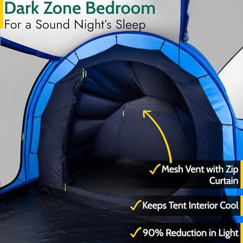 Trail Hexton XL 6 Man 2 Room Tent, Family Camping Tunnel Tent, 5000mm Waterproof, Dark Zone Bedrooms, Living Area with Standing Height, Sewn In Groundsheet, Carry Bag (L700cm x W240cm x H220cm) — view 3