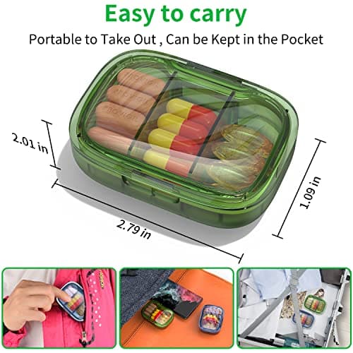 3 Compartment Small Pill Box, Moisture Proof Pill Case, Travel Pill Organizer for Pocket Purse, Daily Portable Medicine Vitamin Box, Fish Oil Box, Supplement Box(Green) — view 2