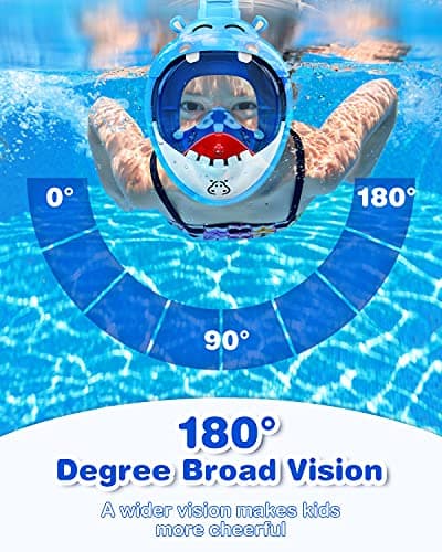 Dancial Snorkel Mask for Kids, 180° Panoramic View Full Face Diving Mask Free Breathing Snorkeling Mask, Safe, Anti-Fog, Anti-Leak Snorkel Set, Dry Top Swimming Mask Gift for Kids 4-12 Blue — view 2