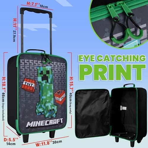 Minecraft Kids Suitcase for Boys and Girls Foldable Trolley Hand Luggage Bag Carry On Gamer Travel Bag with Wheels Size Cabin Bag Wheeled Bag with Handle Trolley Suitcase Boys, Black/Green — view 6