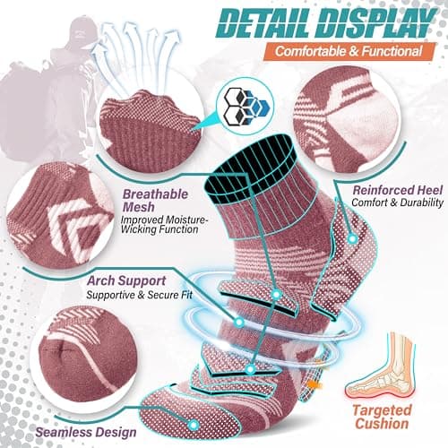 ANTSANG 6 Pairs Merino Wool Quarter Socks Running Walking Hiking Compression Support Breathable Thermal Warm Thick Cushion Ankle Unisex Socks for Women Men(3-7, Pink-Purple Series) — view 4