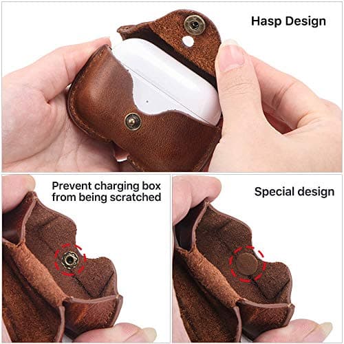 Handmade Genuine Top Grain Leather Case Compatible with AirPods Pro 2, Vintage Leather Earbuds Protective Cover with Keychain Hook, Support Wireless Charging, Brown — view 3